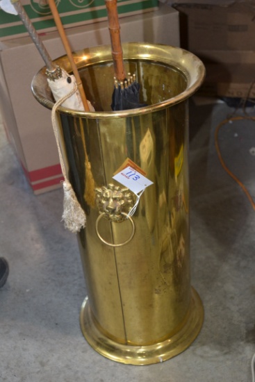 Brass/Copper 22" Umbrella Holder w/Lion Head Handles and Umbrellas