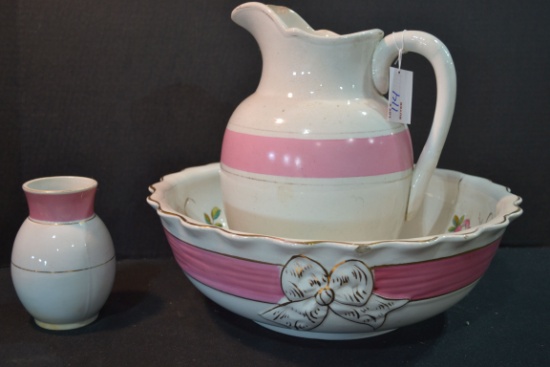 Group of Vintage Ironstone Wash Basin, Pitcher, and Vase; White w/Pink and Gold Trim and Interior Fl