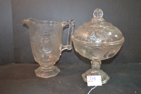 Pair of Clear Glass "Baltimore Pear" Water Pitcher and Lidded Compote by Jeannette Glass