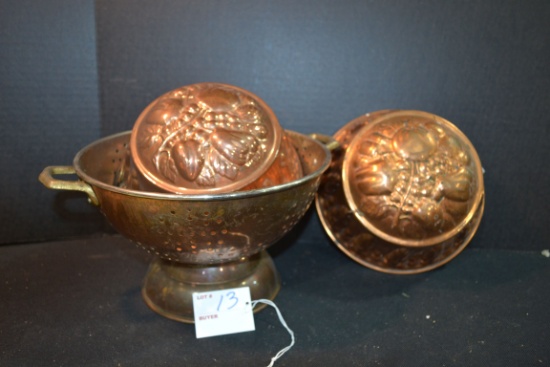 Group of Copper and Tine Lined Gelatin Molds and Colander