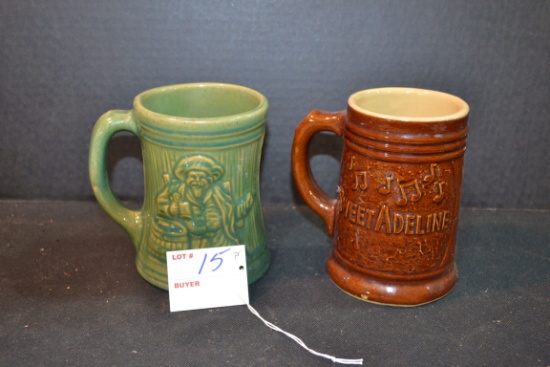 Pair of Vintage Green and Brown Glazed Mugs including One Sweet Adeline