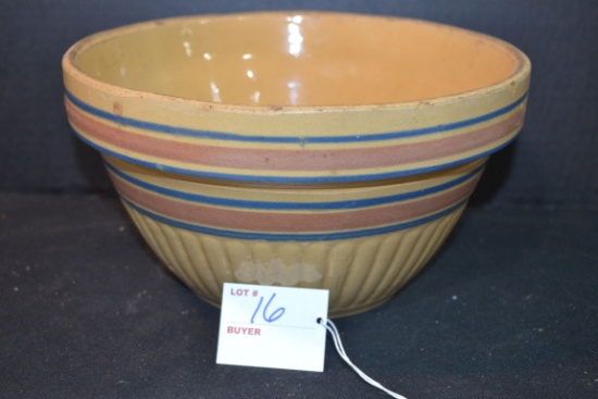 Vintage Blue/Red Rimmed Crock Mixing Bowl; 9"x5"; Red Wing?