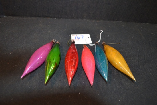 Group of 6 Vintage Glass Torpedo-Shaped Tree Ornaments