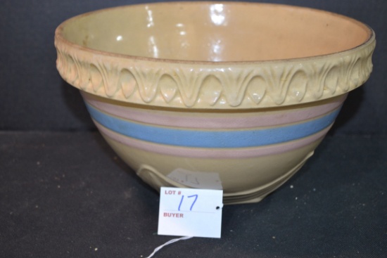 Vintage Pink/Blue Rimmed Crock Bowl; Marked USA