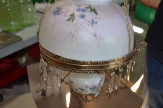 Vintage Victorian Retractable Hanging Hurricane Oil Lamp w/Extra Crystals; Has been electrified.
