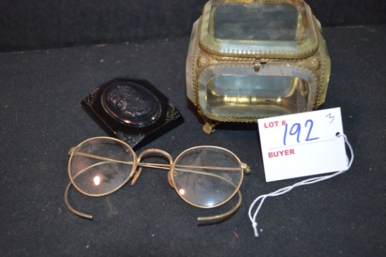 Group of Vintage Gold-Rimmed Eye Glasses, Black Bakelite Cameo-Style Pen, and Beveled Glass Hinged-L