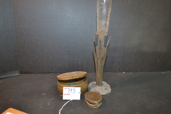 Group of Vintage Brass Trinket and Powder Boxes and Metal Vase w/Etched Crystal