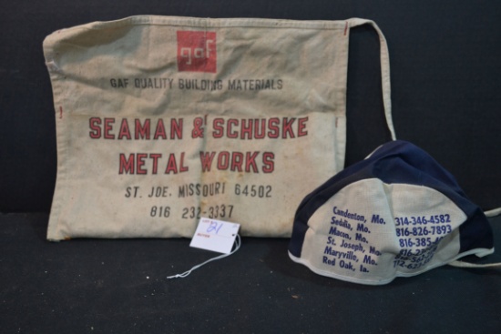 Vintage Canvas workman's Pouch Marked Seaman and Schuske Metal Works, St. Joe, MO and Midwest Airgas