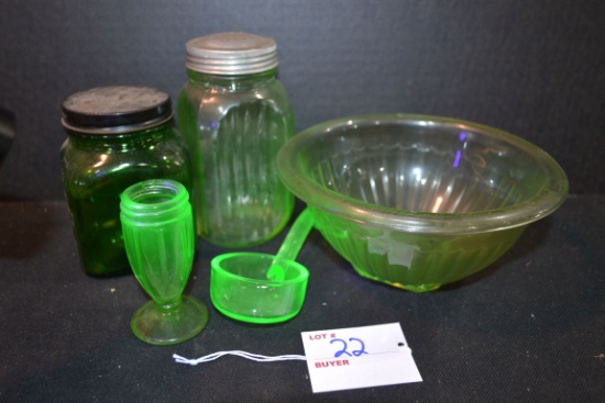 Group of Uranium and Dark Green Glass Shakers, Bowl, and Spoon
