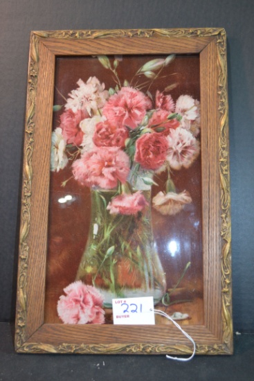 Vintage "Pink Carnation" Framed Print on Glass w/Gold Accents; 16"x11"