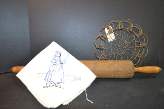 Vintage 24" Wooden Rolling Pin, Collapsible Egg Basket, and Tea Towel