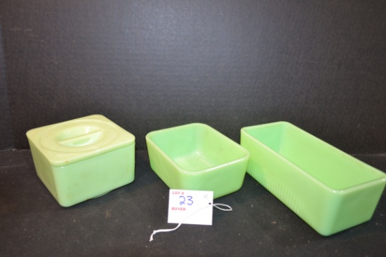 Group of Green Uranium Jadeite Canisters; Two Missing Lids