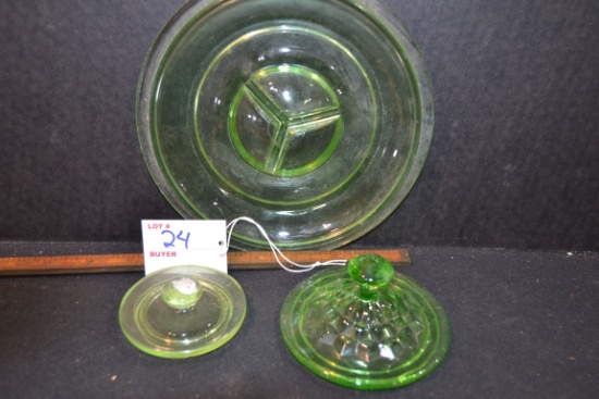 Group of 3 Green Uranium Glass Lids in Assorted Sizes