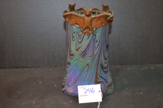 Handblown Vintage Art Nouveau Iridescent Rainbow Vase w/Mounted Metal Bat Rim; 8"x5"