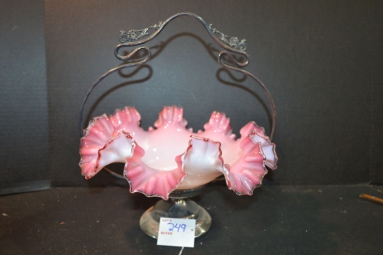 Vintage Silver Crest Cranberry to White Ruffled Edge Bride's Basket w/Carrier