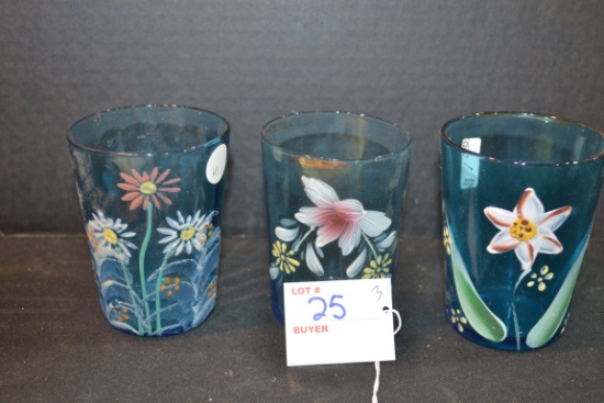 Group of 3 Handpainted Blue Glass Tumblers