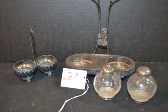 Pair of Silverplate Salt and Pepper Holders and Pair of Salt and Pepper Shakers w/Sterling Top and B