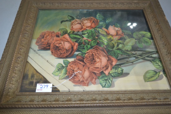 Vintage Framed Print of Roses in Ornate Frame; 27"x23"
