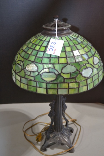 Vintage Desk Double-Bulb Lamp w/Green Stained Glass Shade and Metal Base; 20"x11"