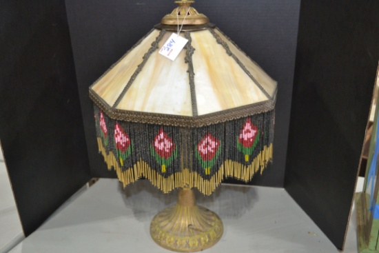 Vintage Lamp w/Stag Glass Shade and Beaded Fringe on Gold-Colored Base; Needs Rewired