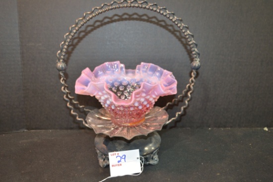 Silverplate Bridal Basket Holder w/Pink Opalescent Hobnail Fenton? Candy Dish