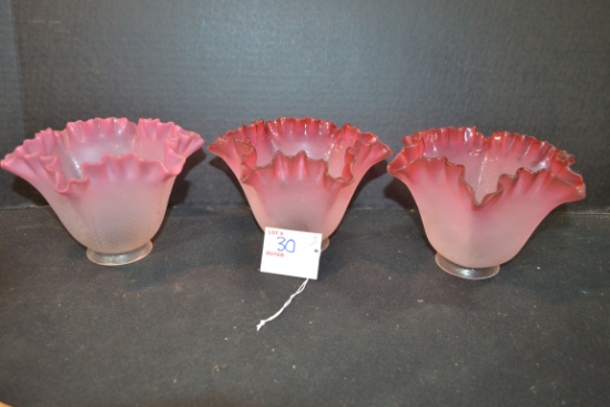 Group of 3 Fenton Pink/White Frosted Ruffled Edge Lamp Shades