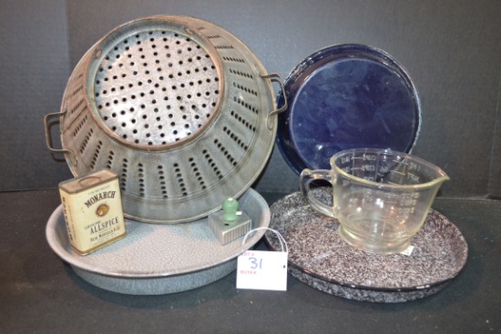 Group of Assorted Graniteware Baking Pans, Cookie Cutters, Spice, and Measure