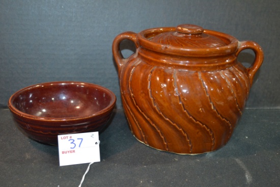 Vintage Brown Glazed Bowl and Bean Pot