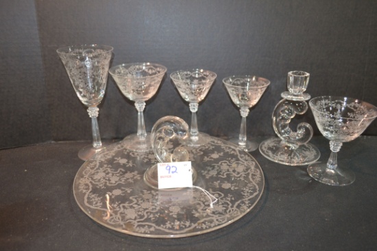 Vintage Fostoria Romance Pattern Sandwich Plate, Candlestick, and 5 Assorted Stemware