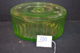 Vintage Green Uranium Glass Oval Refrigerator Dish w/Lid