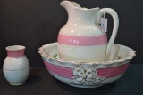 Group of Vintage Ironstone Wash Basin, Pitcher, and Vase; White w/Pink and Gold Trim and Interior Fl