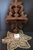 Vintage Handcarved Walnut Collapsible Shelf w/Doily
