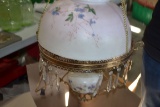 Vintage Victorian Retractable Hanging Hurricane Oil Lamp w/Extra Crystals; Has been electrified.