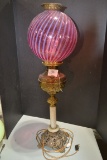 Vintage Victorian-Style Brass/Marble Finish Pillar Lamp w/Cranberry Opalescent Shade; Beautiful