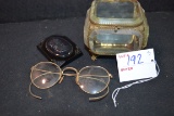 Group of Vintage Gold-Rimmed Eye Glasses, Black Bakelite Cameo-Style Pen, and Beveled Glass Hinged-L