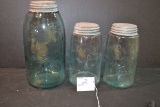 Group of 3 Vintage Blue Quart and Half-Gallon Mason Jars w/Zinc Lids