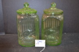 Pair of Green Uranium Glass Coffee/Sugar Canisters; One cracked lid.