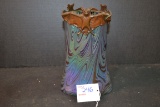 Handblown Vintage Art Nouveau Iridescent Rainbow Vase w/Mounted Metal Bat Rim; 8