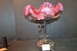 Vintage Fenton Fern and Daisy Cranberry Opalescent Ruffled Edge Bridal Basket on Silverplate Cradle