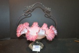 Vintage Silver Crest Cranberry to White Ruffled Edge Bride's Basket w/Carrier
