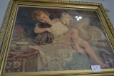 Vintage Gold Gild Framed Print of Child and Pets; 27