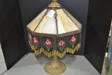 Vintage Lamp w/Stag Glass Shade and Beaded Fringe on Gold-Colored Base; Needs Rewired