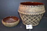 Vintage Western Stoneware Company Acorn/Basket Pattern Pot w/Brown Interior Glaze 8-1/2