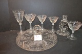 Vintage Fostoria Romance Pattern Sandwich Plate, Candlestick, and 5 Assorted Stemware