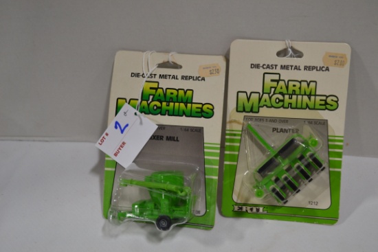 Pair of Ertl Farm Machines including Mixer Mill and Planter; 1/64 Scale Die-Cast Metal; NIB