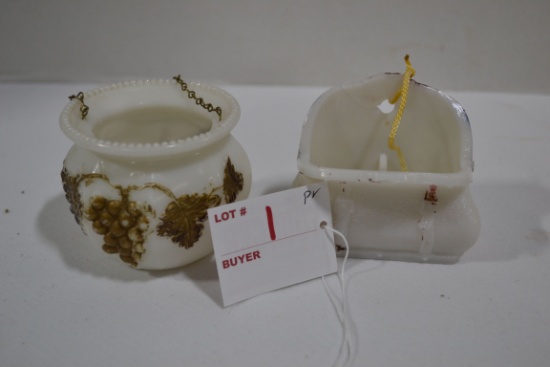 Pair of Milk Glass Match Holders including Suitcase and Flower Pot