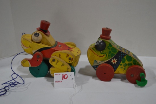 Vintage Fisher-Price Wooden Buddy Frog and Grandpa Frog Pull Toys