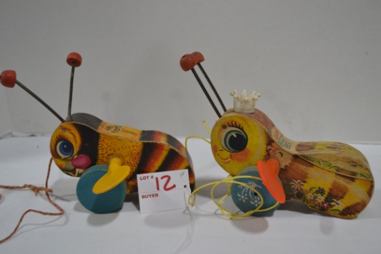 Vintage Fisher-Price Wooden Buzzy Bee and Queen Buzzy Bee Pull Toys