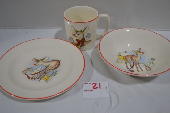 Vintage Rudolph the Red-Nosed Reindeer Dish Set including Plate, Bowl, and Cup