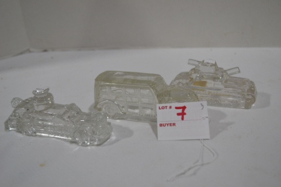 Group of 3 Vintage Glass Candy Holders including Bus, Tank, and Fire Engine